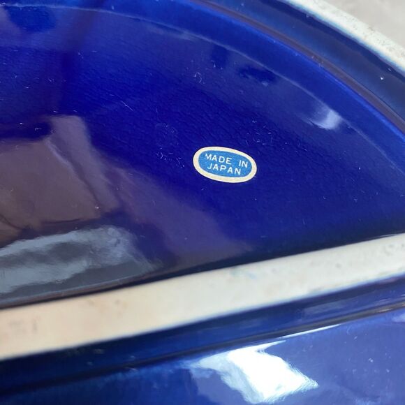 Vintage Cobalt Blue Japanese Fan Porcelain Dish Gold Trim Hand Painted VTG Decor - Picture 4 of 6